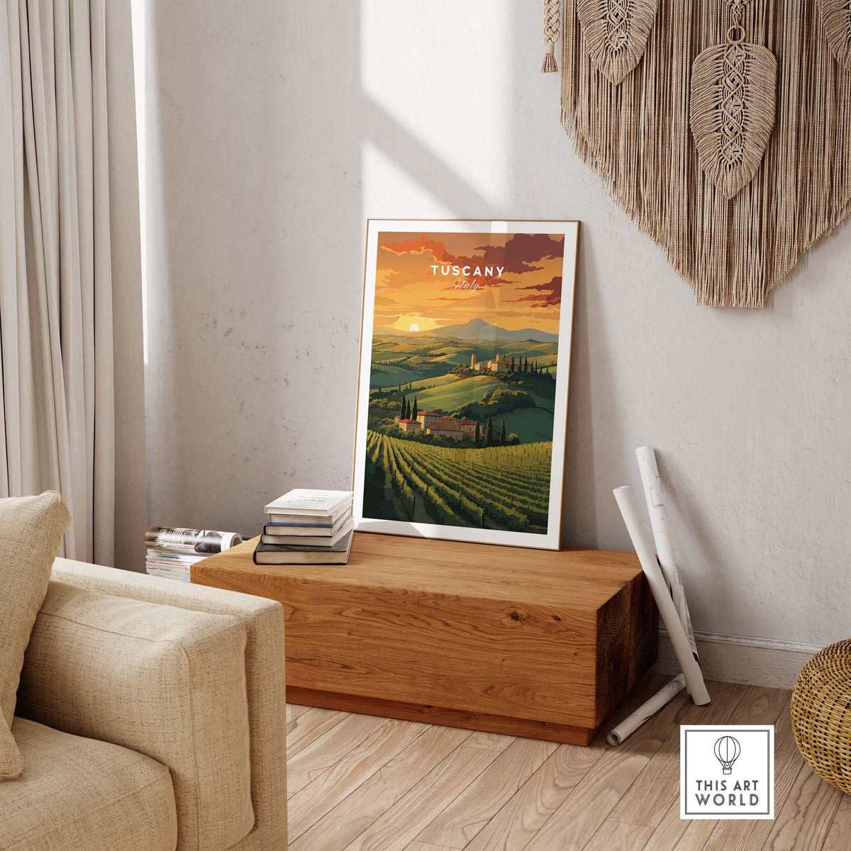 Tuscany wall art featuring rolling hills and a sunset in a cozy living room setting, perfect for home decor.
