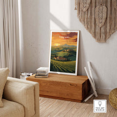 Tuscany wall art featuring rolling hills and a sunset in a cozy living room setting, perfect for home decor.