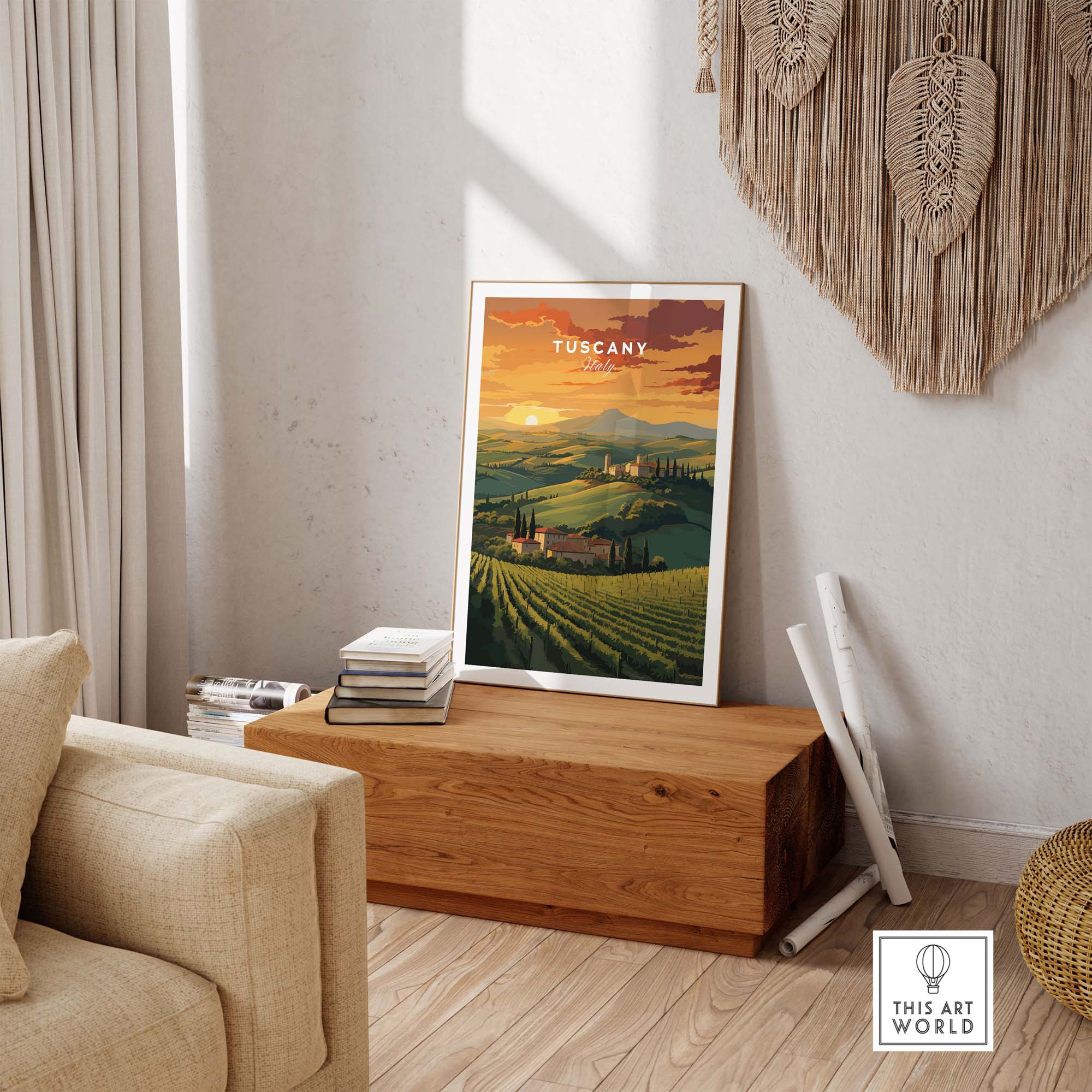 Tuscany wall art featuring rolling hills and a sunset in a cozy living room setting, perfect for home decor.