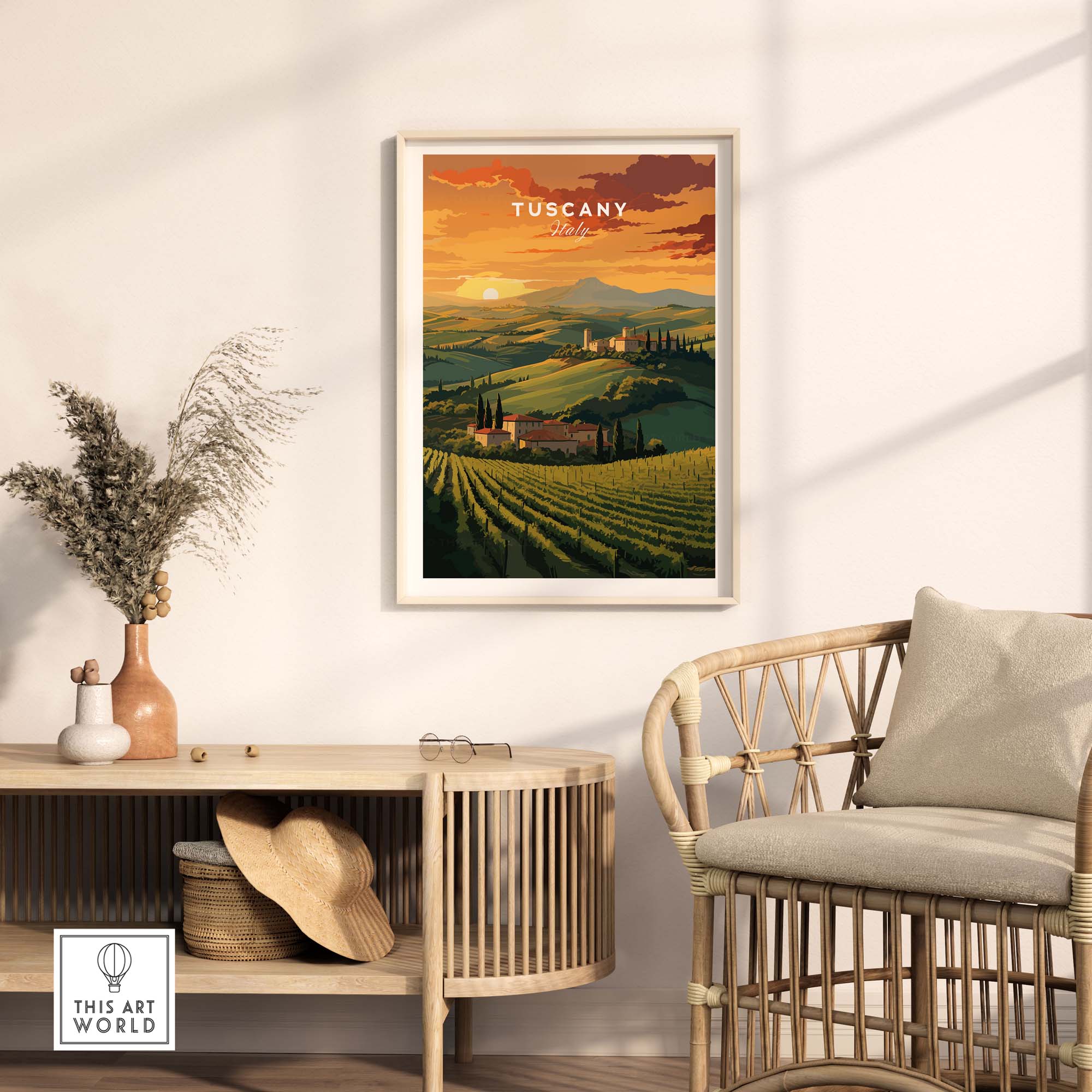 Tuscany wall art showcasing a sunset over rolling hills, perfect for enhancing your home decor and bringing Italian charm.