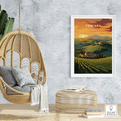 Tuscany Wall Art featuring a sunset over rolling hills and vineyards, enhancing a cozy living space with Italian charm.