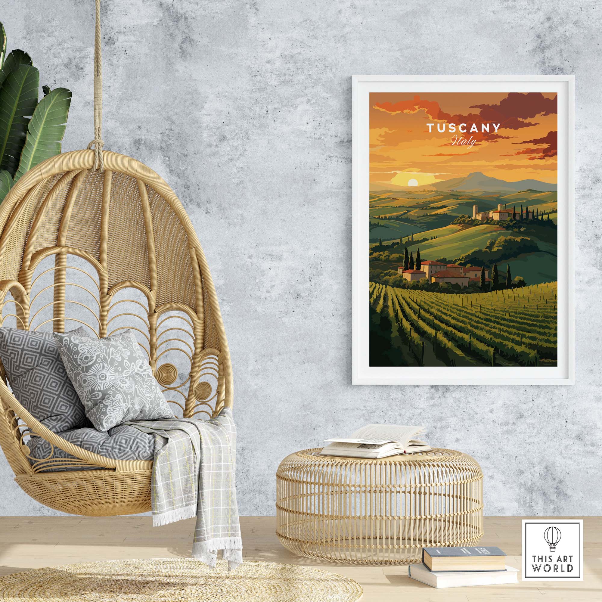 Tuscany Wall Art featuring a sunset over rolling hills and vineyards, enhancing a cozy living space with Italian charm.