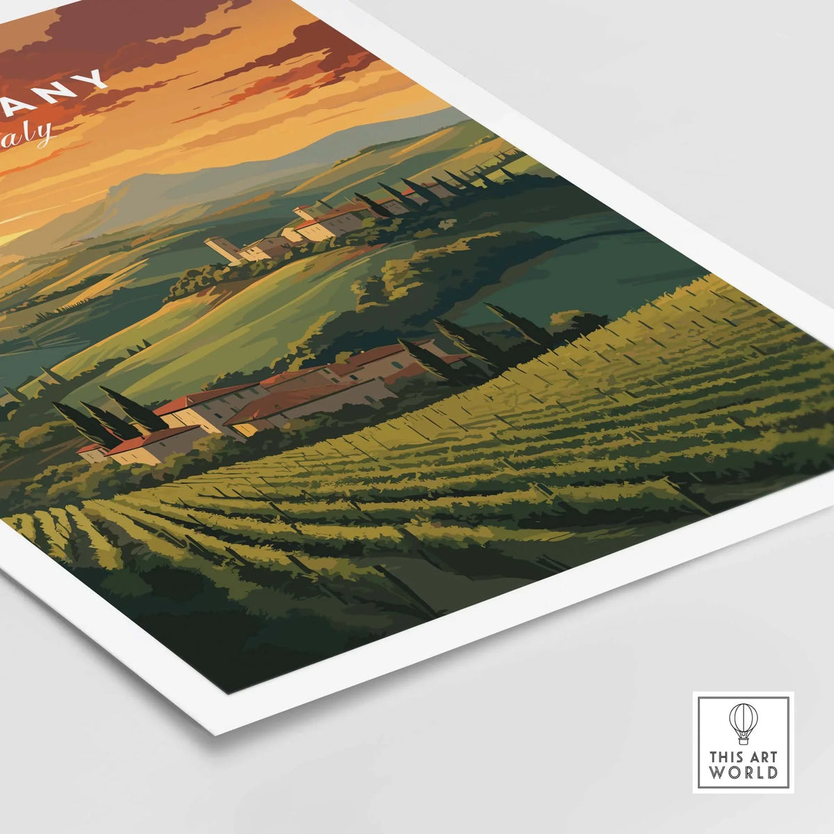 Tuscany wall art featuring sunset over rolling hills and vineyards of Italy, perfect for home decor.
