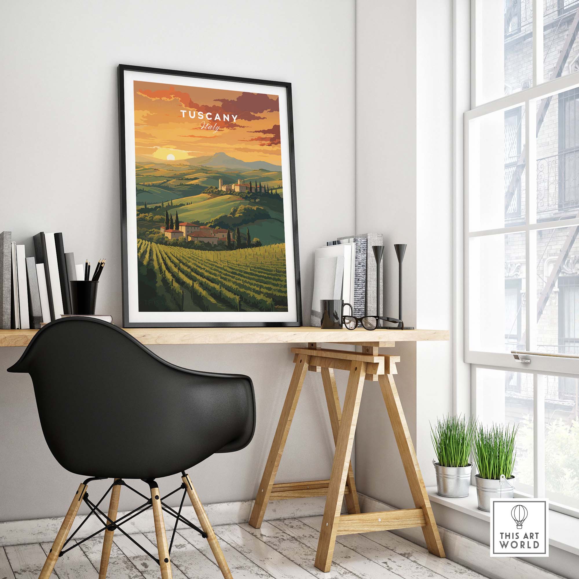 Tuscany wall art depicting sunset over Italian hills, enhancing a stylish home office decor.