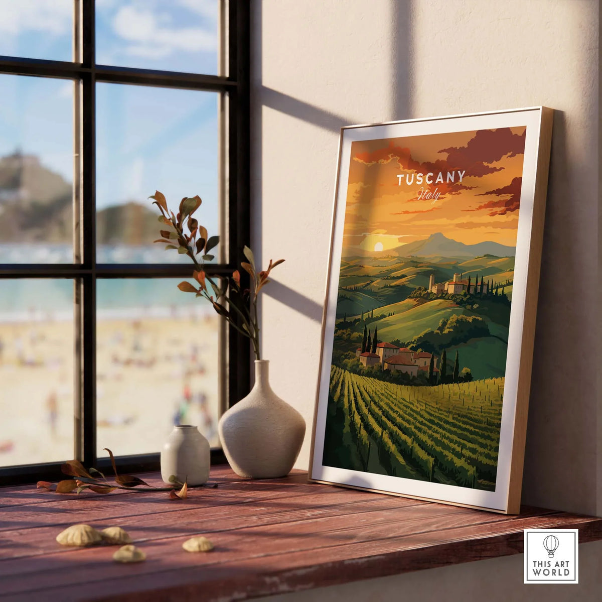 Tuscany Wall Art featuring a sunset over rolling hills and vineyards, perfect for home décor and Italy-themed design.