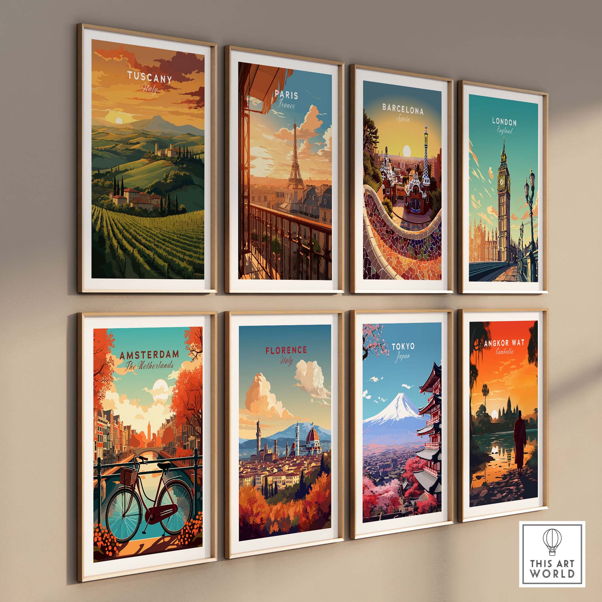 Tuscany wall art poster collection featuring famous cityscapes including Paris, Barcelona, and London in vibrant colors.