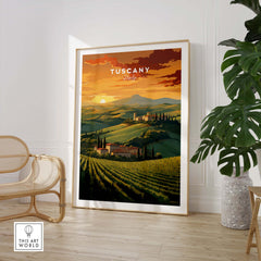 Tuscany wall art featuring a sunset over rolling hills and vineyards, beautifully displayed in a modern living space.