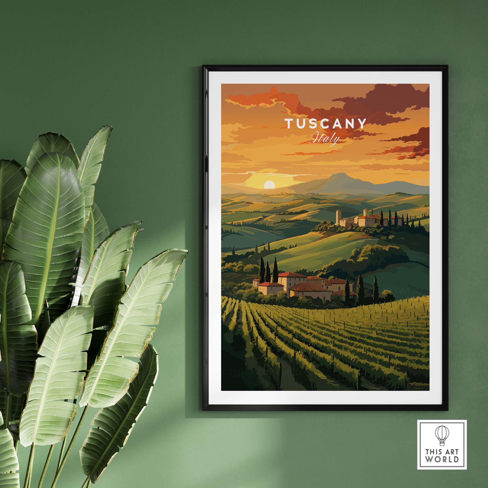 Tuscany wall art poster featuring sunset over rolling hills and vineyards, adding Italian charm to home decor.