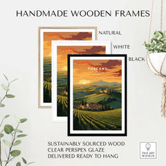 Handmade wooden frames for Tuscany wall art in natural, white, and black finishes, showcasing sustainable materials and ready-to-hang design.