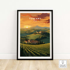 Tuscany wall art featuring a sunset over rolling hills and vineyards of Italy, perfect for home decor.