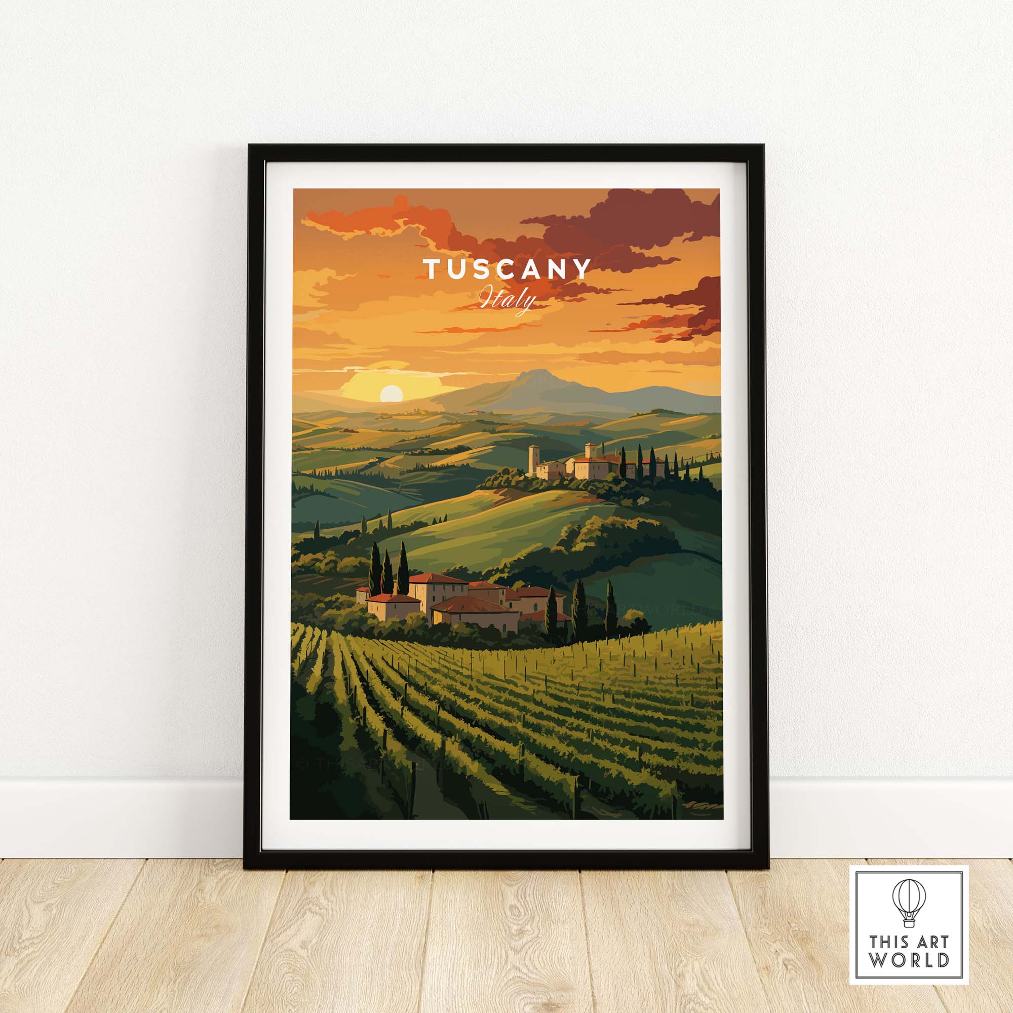 Tuscany wall art featuring a sunset over rolling hills and vineyards of Italy, perfect for home decor.