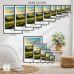 Size guide for Tuscany Wine Poster featuring different frame sizes in a stylish interior setting.