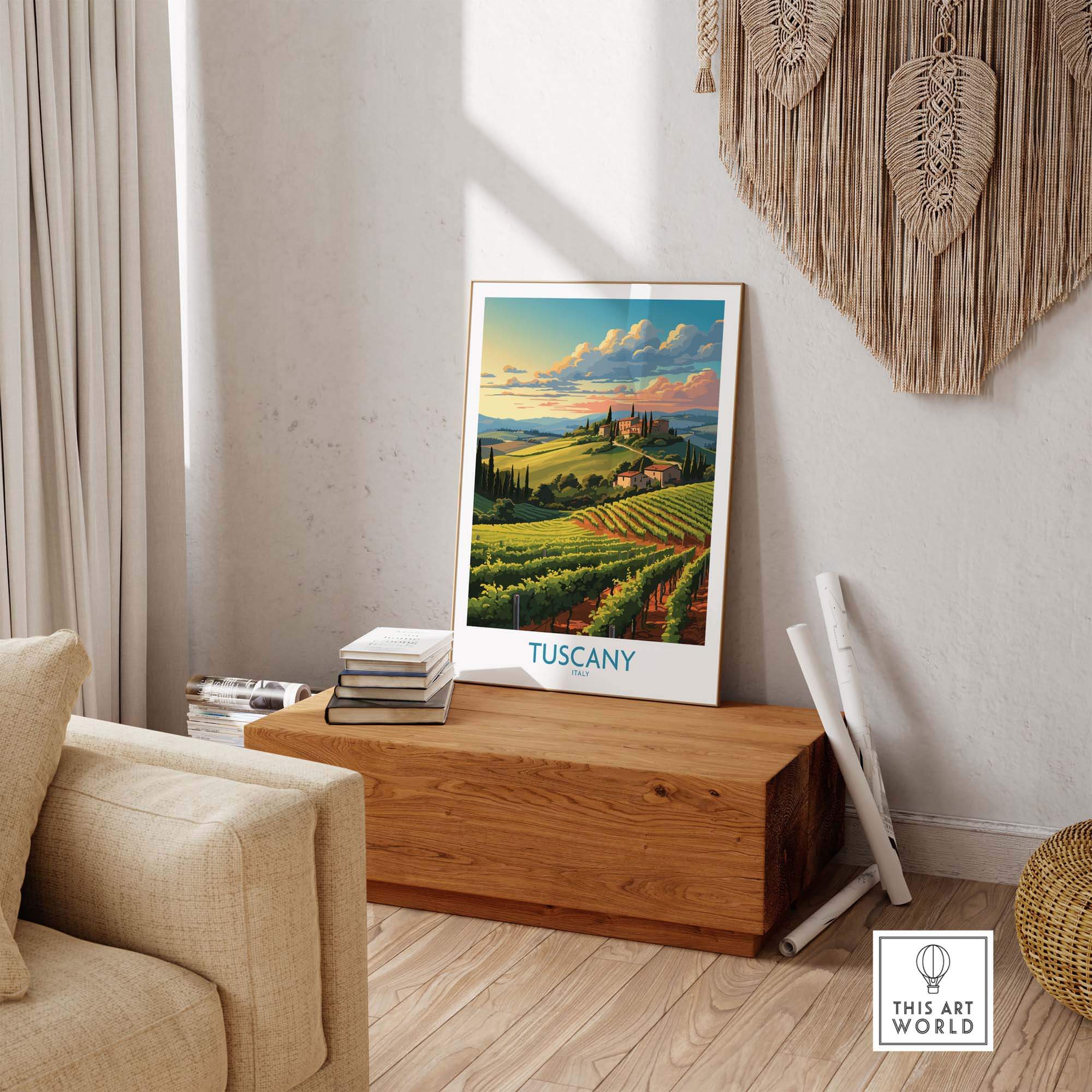 Tuscany Wine Poster showcasing vineyards and scenic hills, perfect for decorating a cozy room.