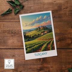 Tuscany Wine Poster showcasing lush vineyards and scenic landscapes of Italy, perfect for home decor.