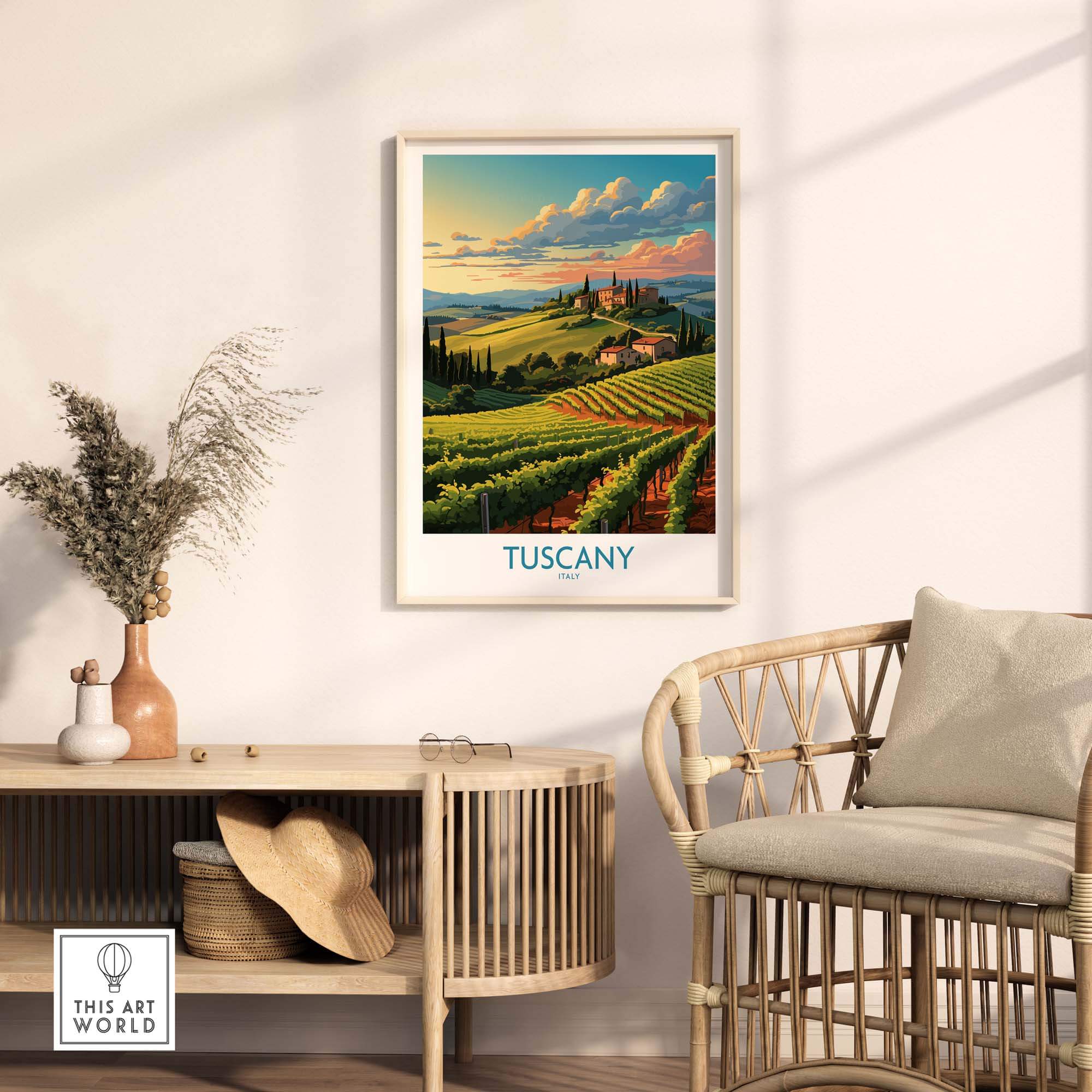 Tuscany Wine Poster showcasing lush vineyards and scenic hills, perfect for bringing Italian charm to your home decor.