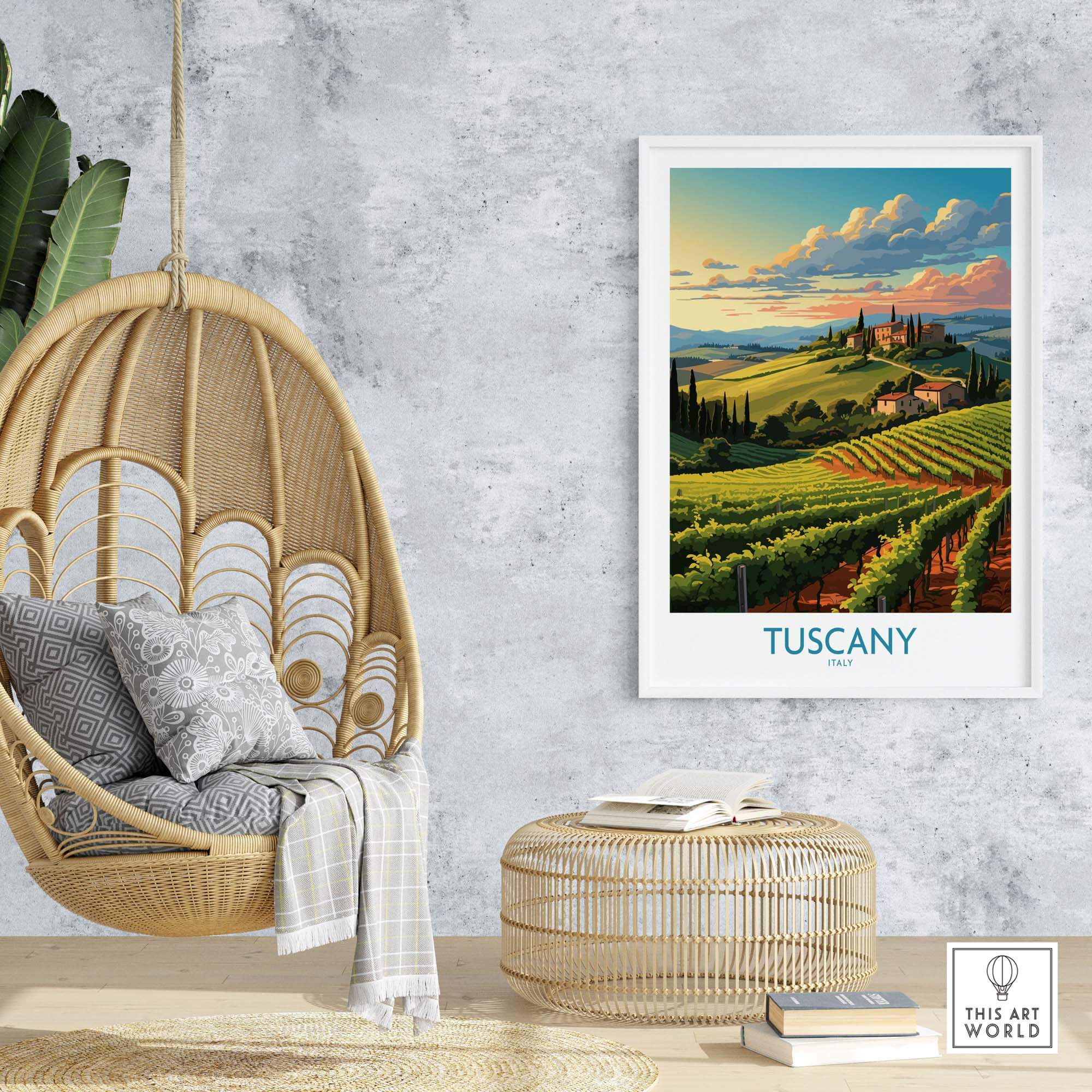 Tuscany Wine Poster showcasing lush vineyards and scenic landscapes in a stylish home setting.