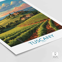 Tuscany wine poster featuring vineyards and scenic landscapes, capturing the essence of Italy's beautiful countryside.