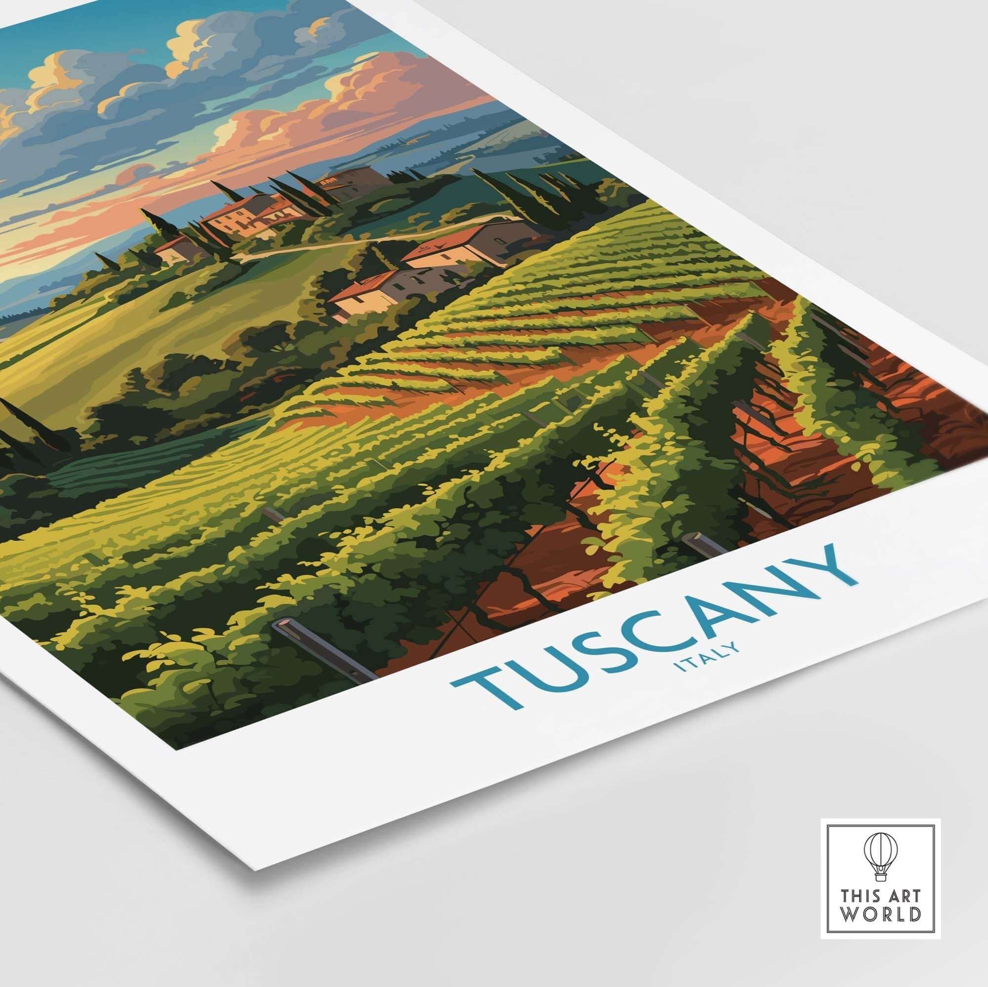 Tuscany wine poster featuring vineyards and scenic landscapes, capturing the essence of Italy's beautiful countryside.