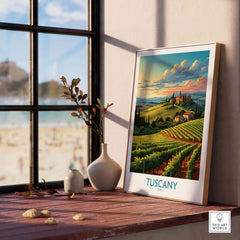 Tuscany Wine Poster showcasing vineyards and scenic hills, bringing the essence of Italy into home decor.