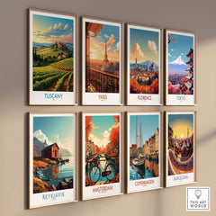 Collection of travel posters featuring Tuscany, Paris, Florence, Tokyo, Reykjavik, Amsterdam, Copenhagen, and Barcelona.
