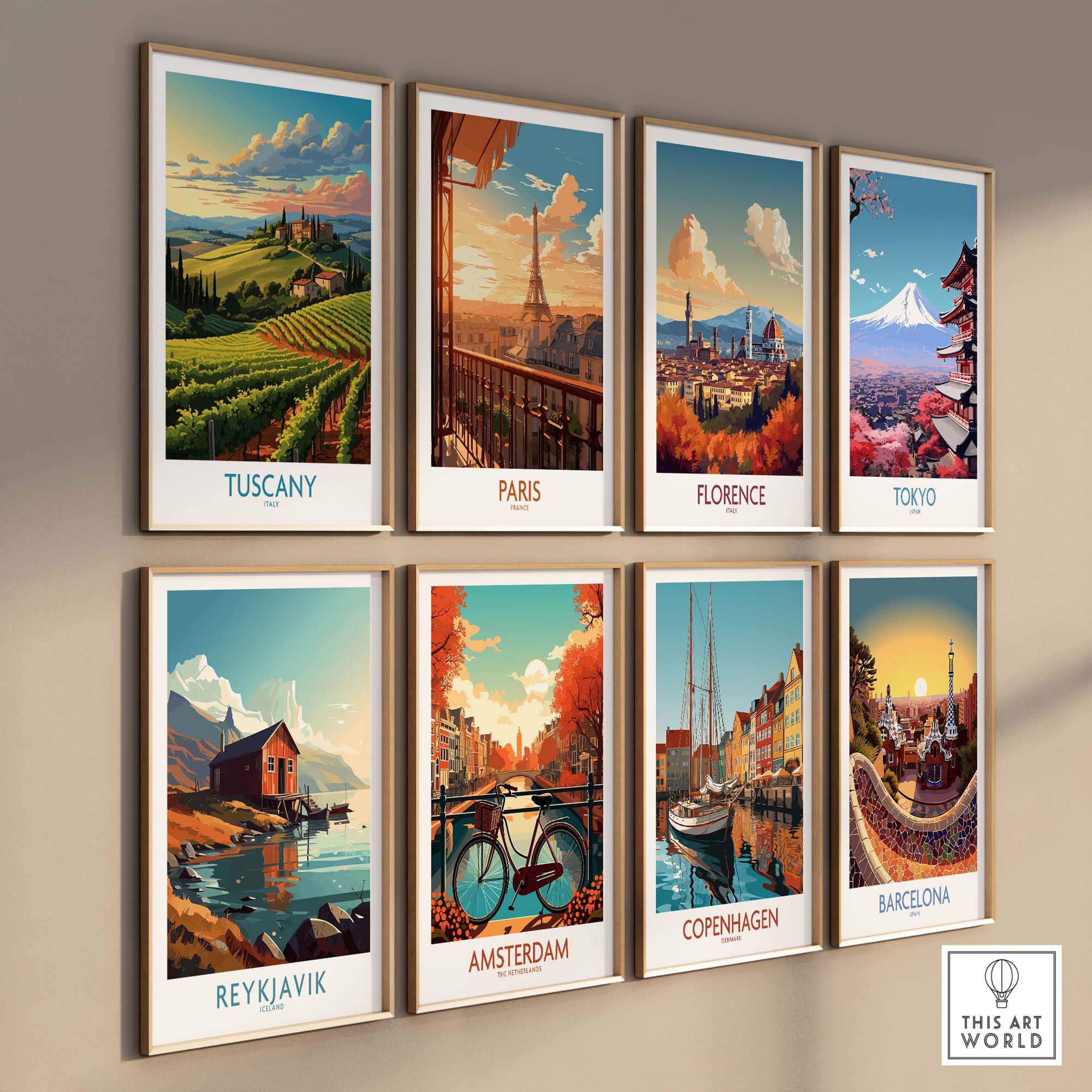 Collection of travel posters featuring Tuscany, Paris, Florence, Tokyo, Reykjavik, Amsterdam, Copenhagen, and Barcelona.