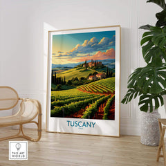 Tuscany wine poster showcasing vineyards and scenic hills in Italy, perfect for home decor and travel enthusiasts.