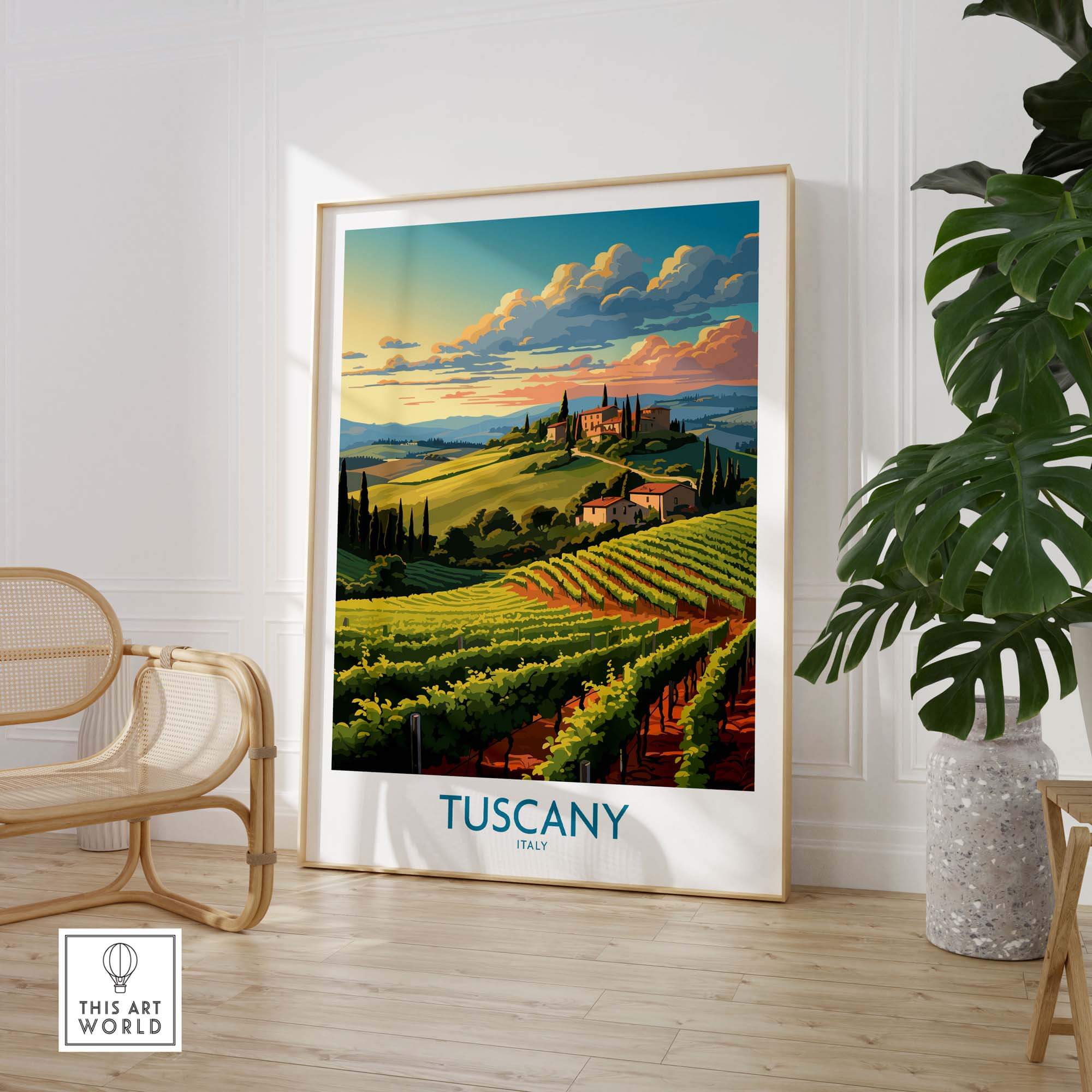 Tuscany wine poster showcasing vineyards and scenic hills in Italy, perfect for home decor and travel enthusiasts.