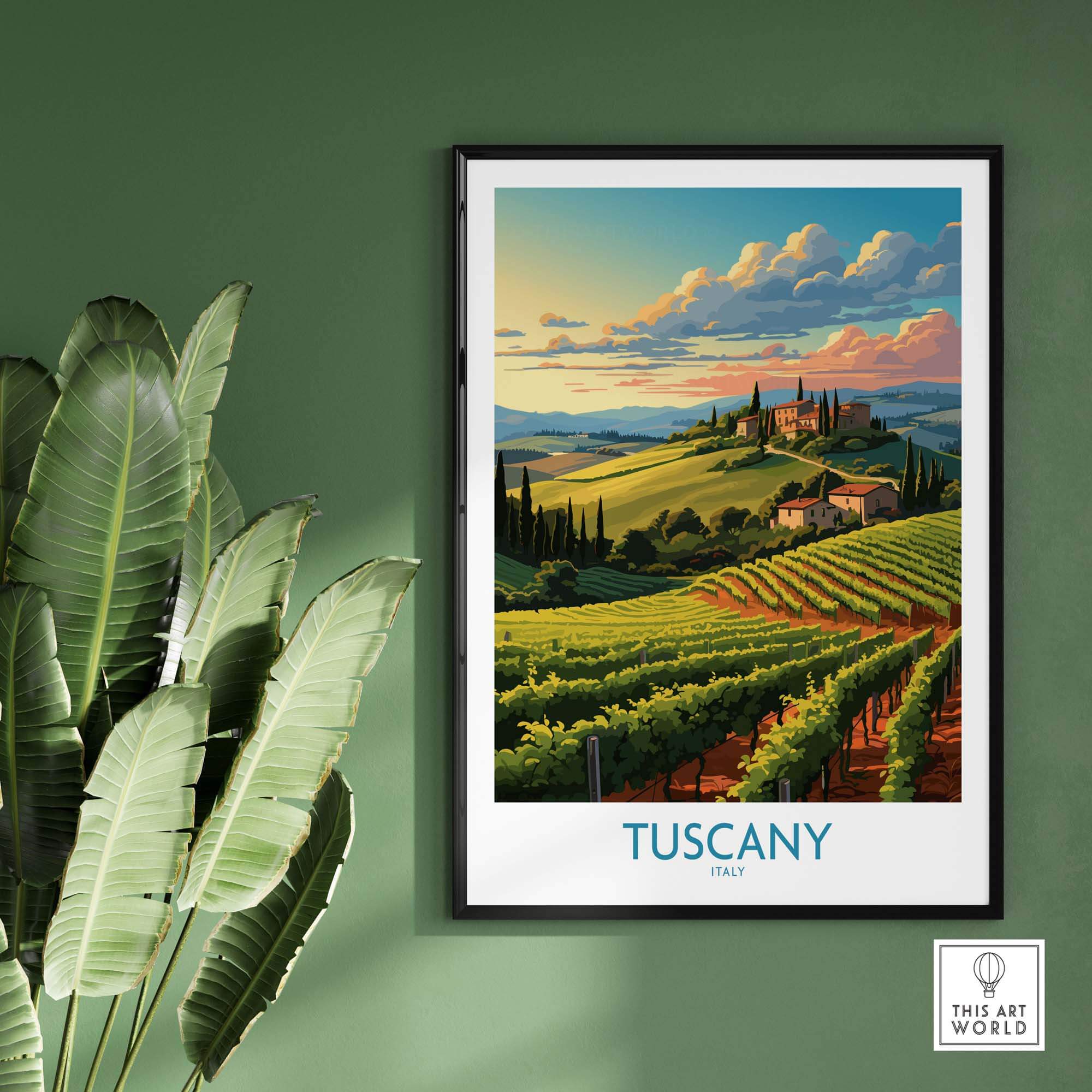 Tuscany Wine Poster featuring lush vineyards and scenic hills, perfect for adding Italian charm to your home décor.