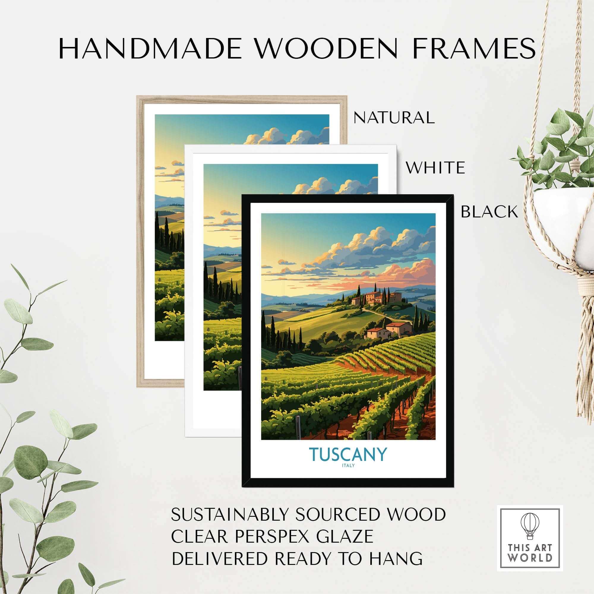 Handmade wooden frames in natural, white, and black, featuring Tuscany wine poster with sustainably sourced wood.