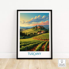 Tuscany wine poster featuring scenic vineyards and rolling hills, perfect for home decor and Italy travel enthusiasts.