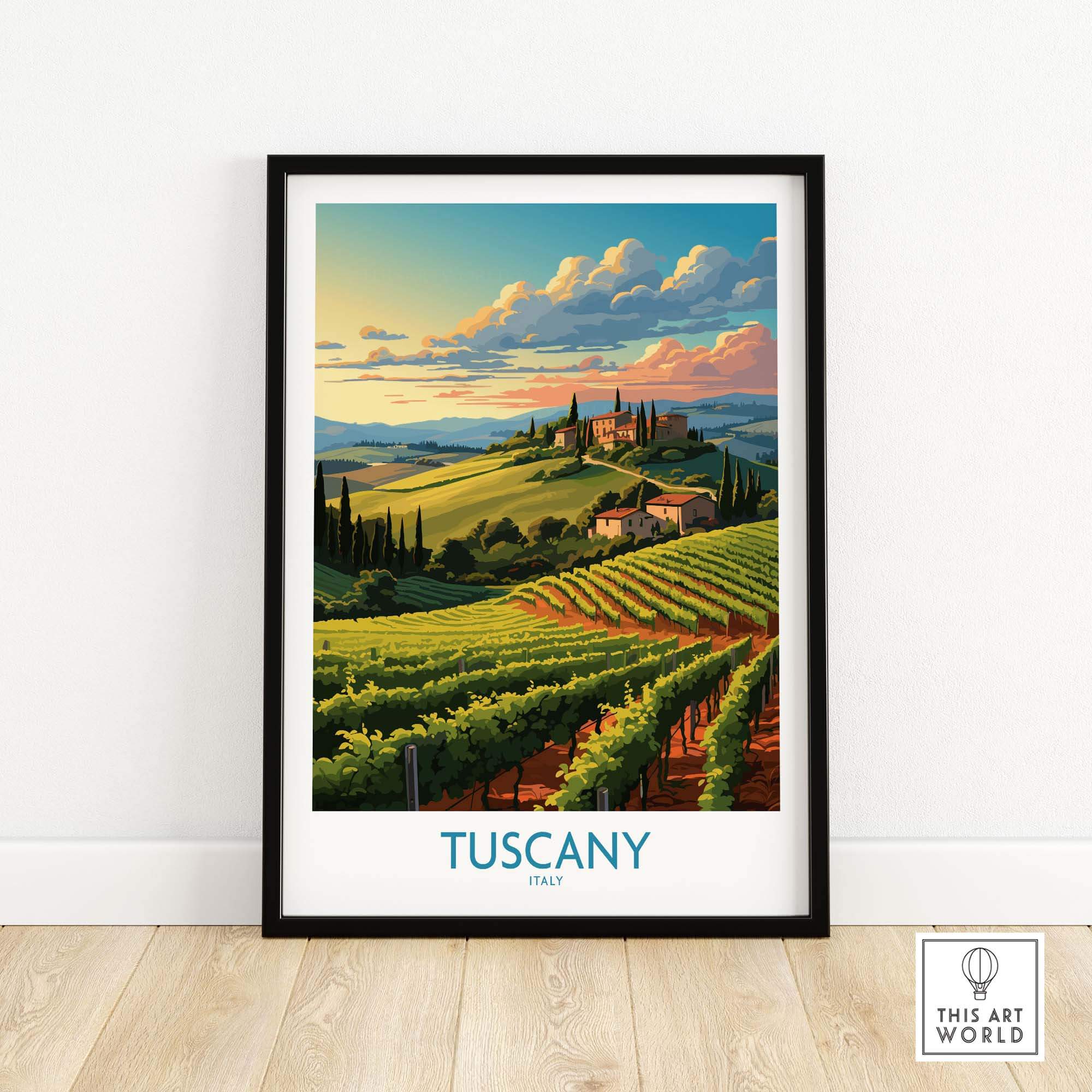 Tuscany wine poster featuring scenic vineyards and rolling hills, perfect for home decor and Italy travel enthusiasts.