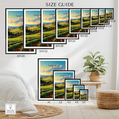 Tuscany wine print size guide showcasing various frames and dimensions for an elegant decor addition.