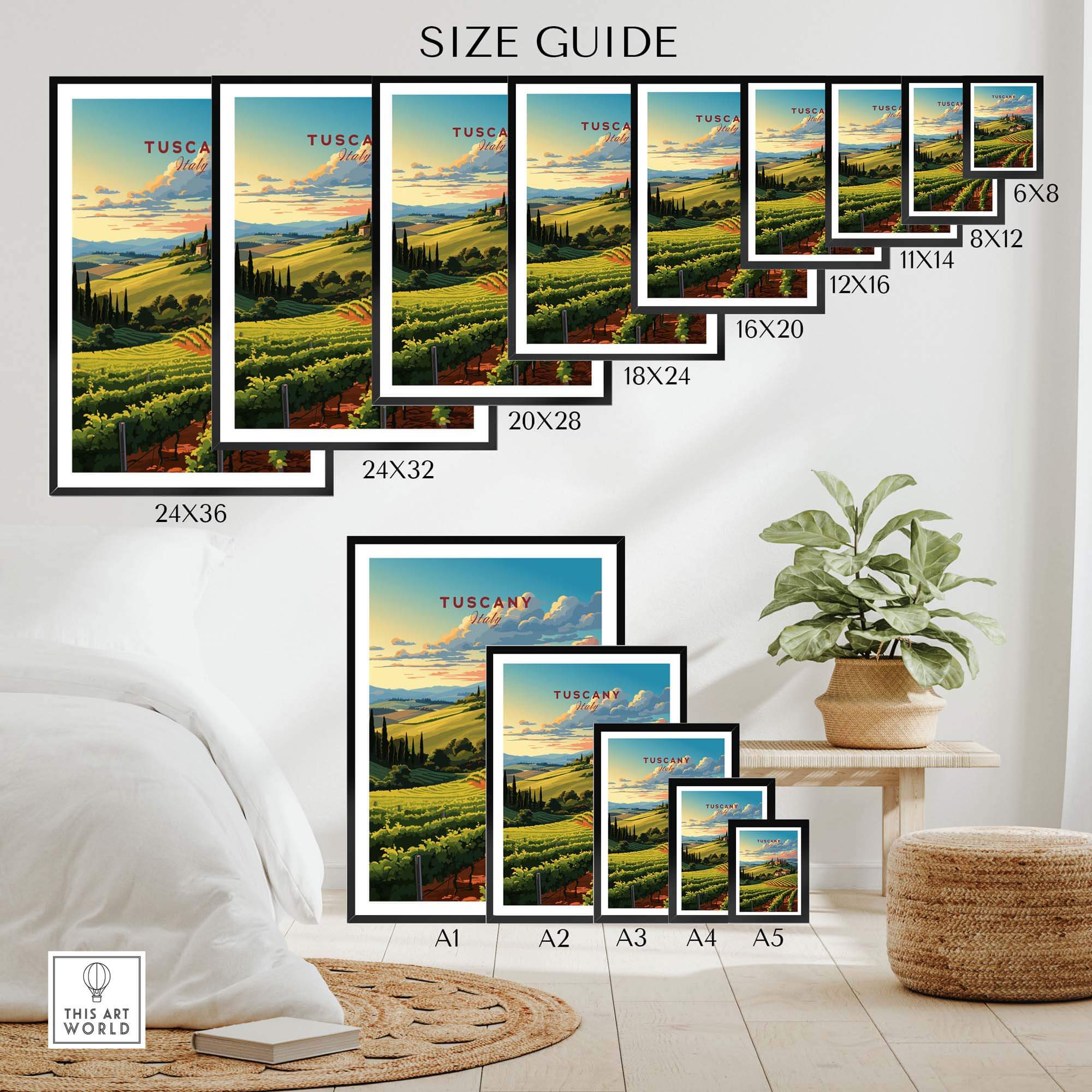 Tuscany wine print size guide showcasing various frames and dimensions for an elegant decor addition.