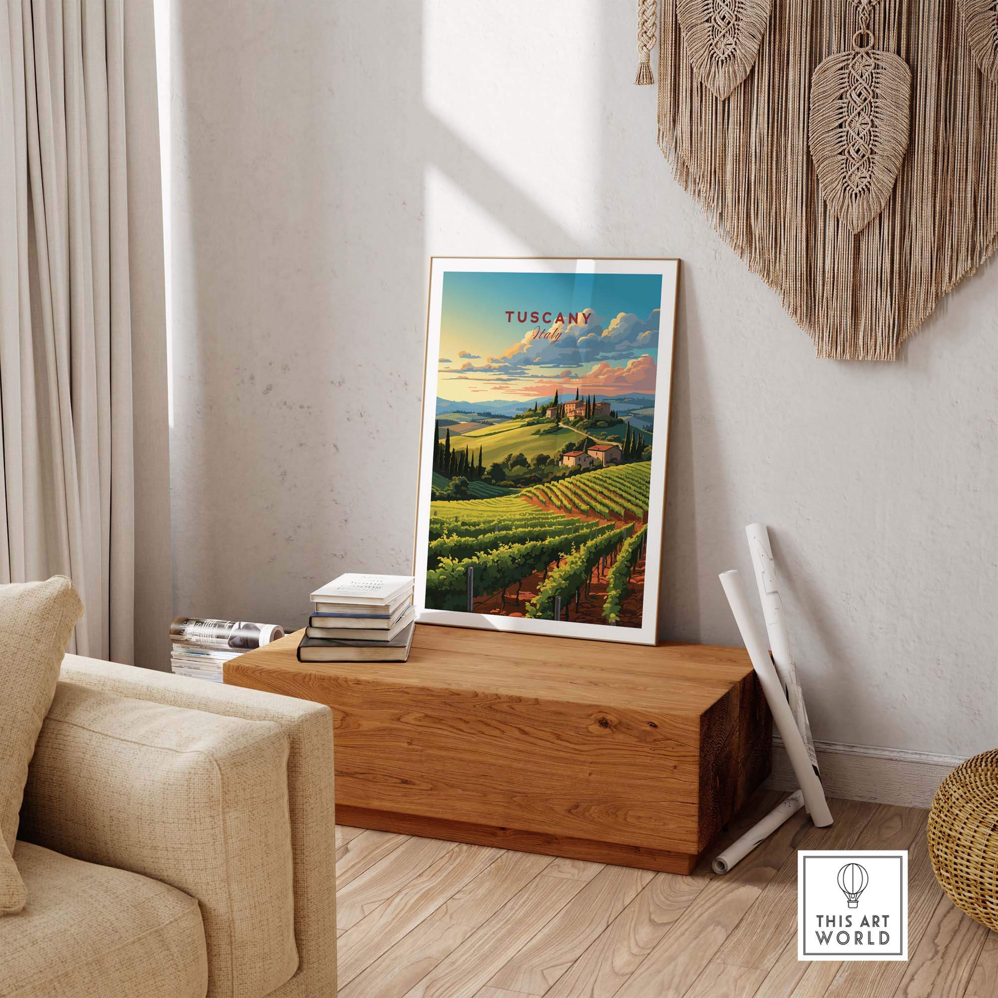 Tuscany wine print showcasing vibrant vineyards and rolling hills, adding elegance to any room. Italy travel decor.