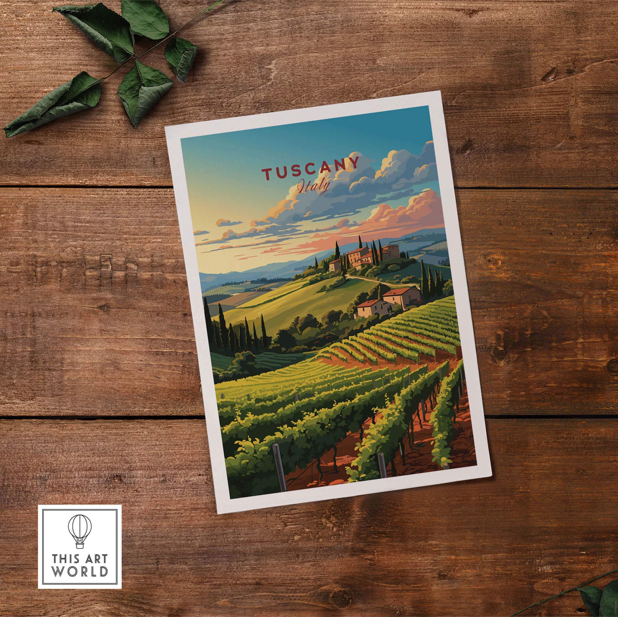 Tuscany wine print showcasing vibrant vineyards and rolling hills of Italy, perfect for home decor and travel enthusiasts.