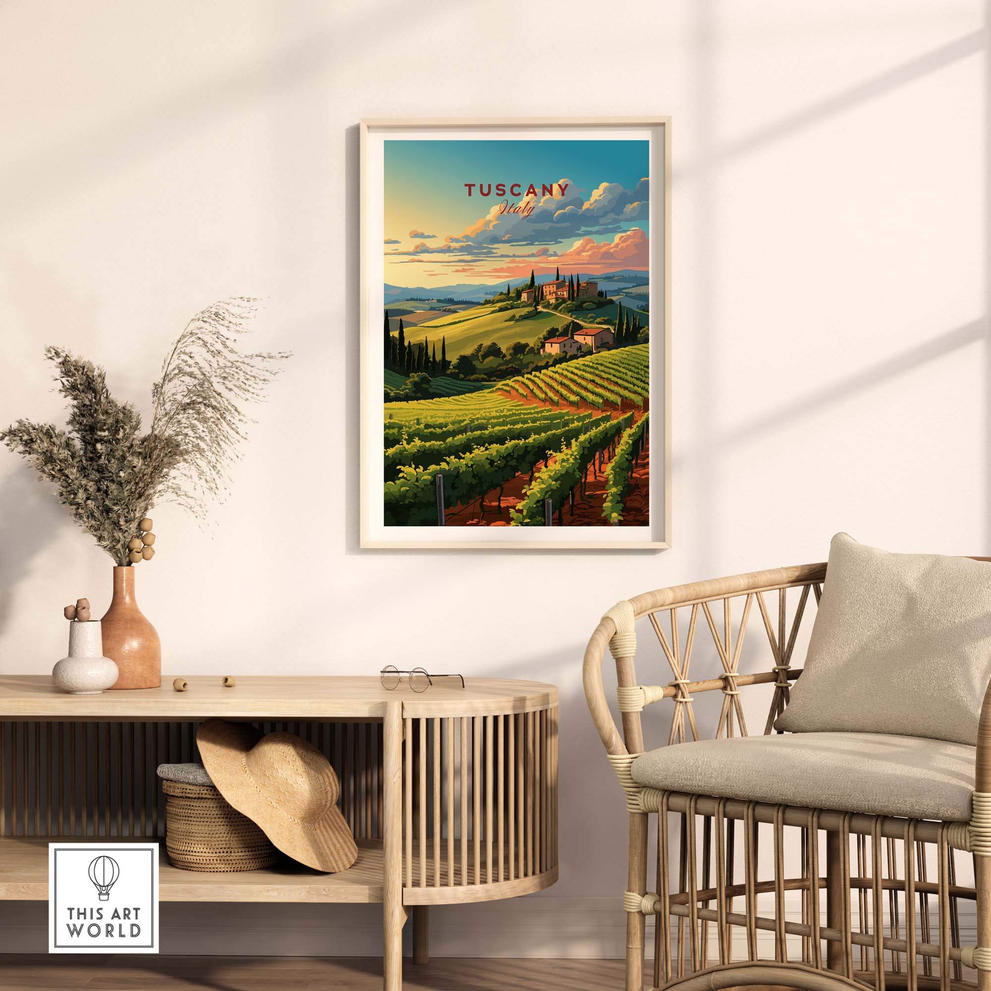 Tuscany wine print in a stylish room, showcasing vibrant vineyards and elegant decor for a timeless touch.