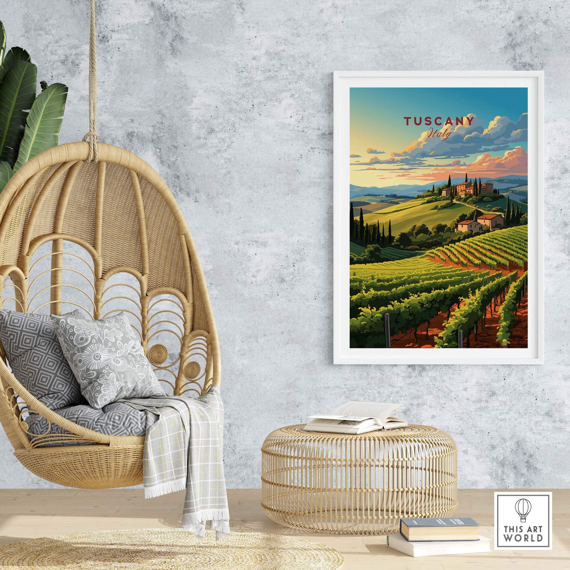 Tuscany wine print showcasing vibrant vineyards and rolling hills, adding elegance to any room decor.
