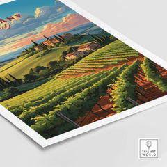 Tuscany wine print showcasing lush vineyards and scenic hills, capturing the essence of Italy's enchanting landscape.