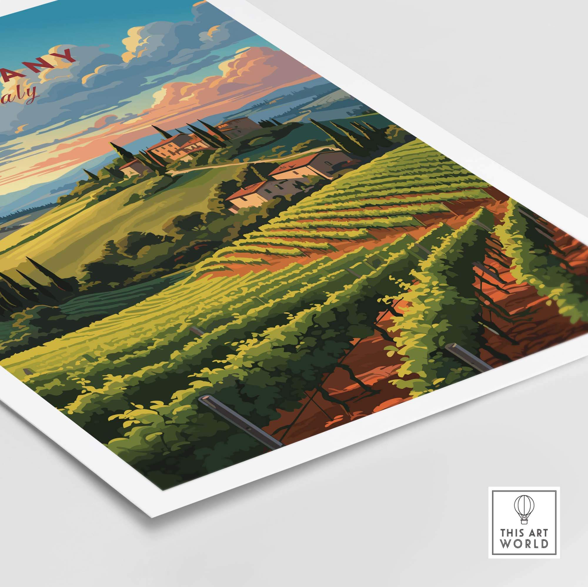 Tuscany wine print showcasing lush vineyards and scenic hills, capturing the essence of Italy's enchanting landscape.