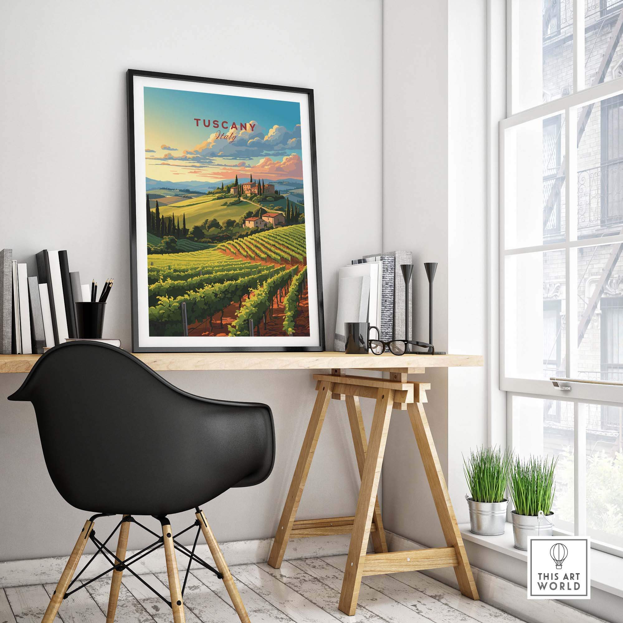 Tuscany wine print showcasing vibrant vineyards, adding elegance to a modern workspace with stylish decor elements.