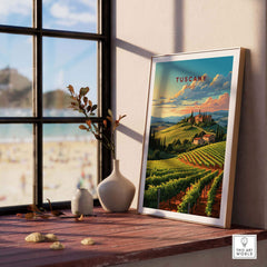 Tuscany wine print showcasing vibrant vineyards, framed and displayed near a sunny window, capturing Italian elegance.