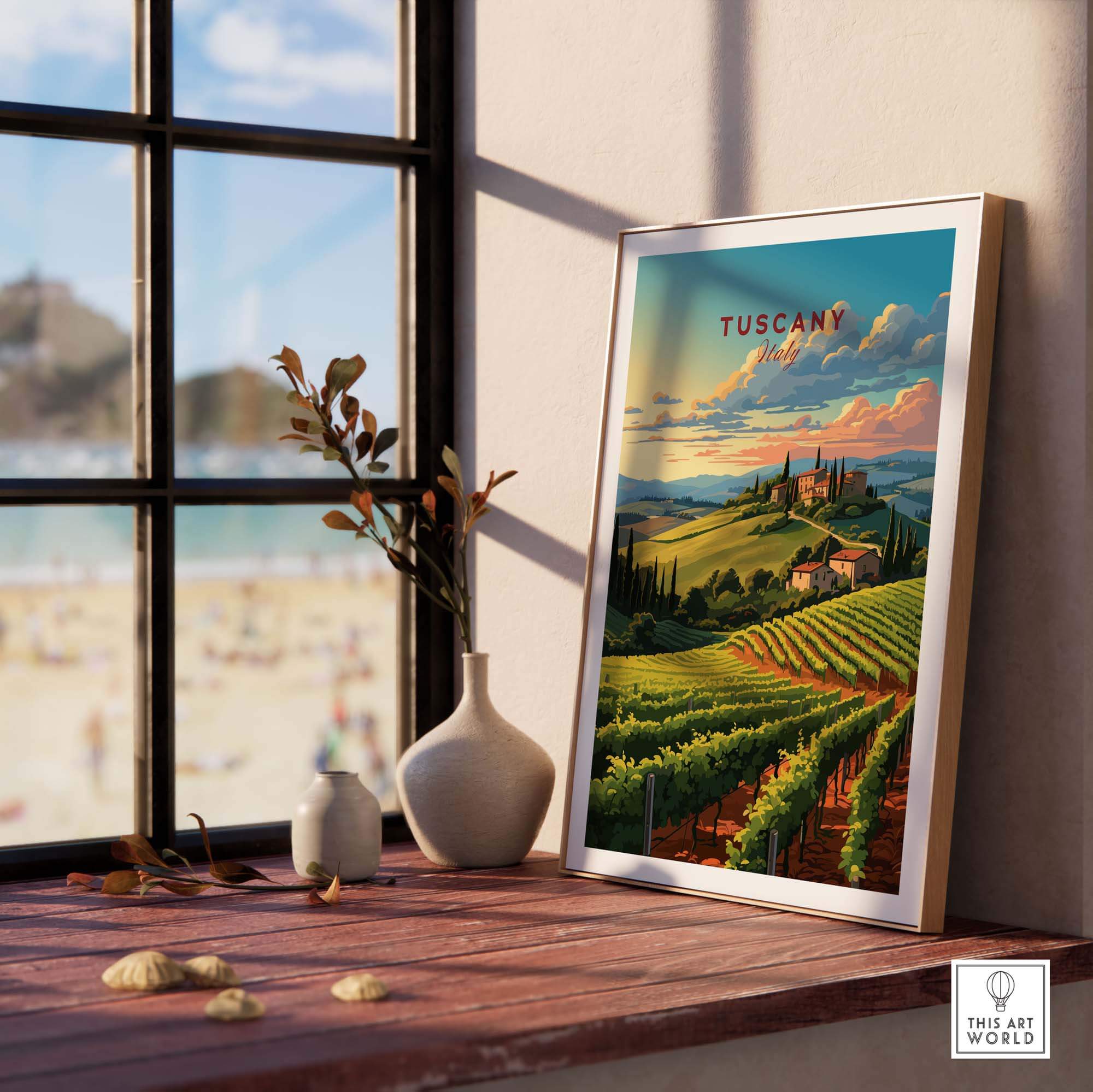Tuscany wine print showcasing vibrant vineyards, framed and displayed near a sunny window, capturing Italian elegance.