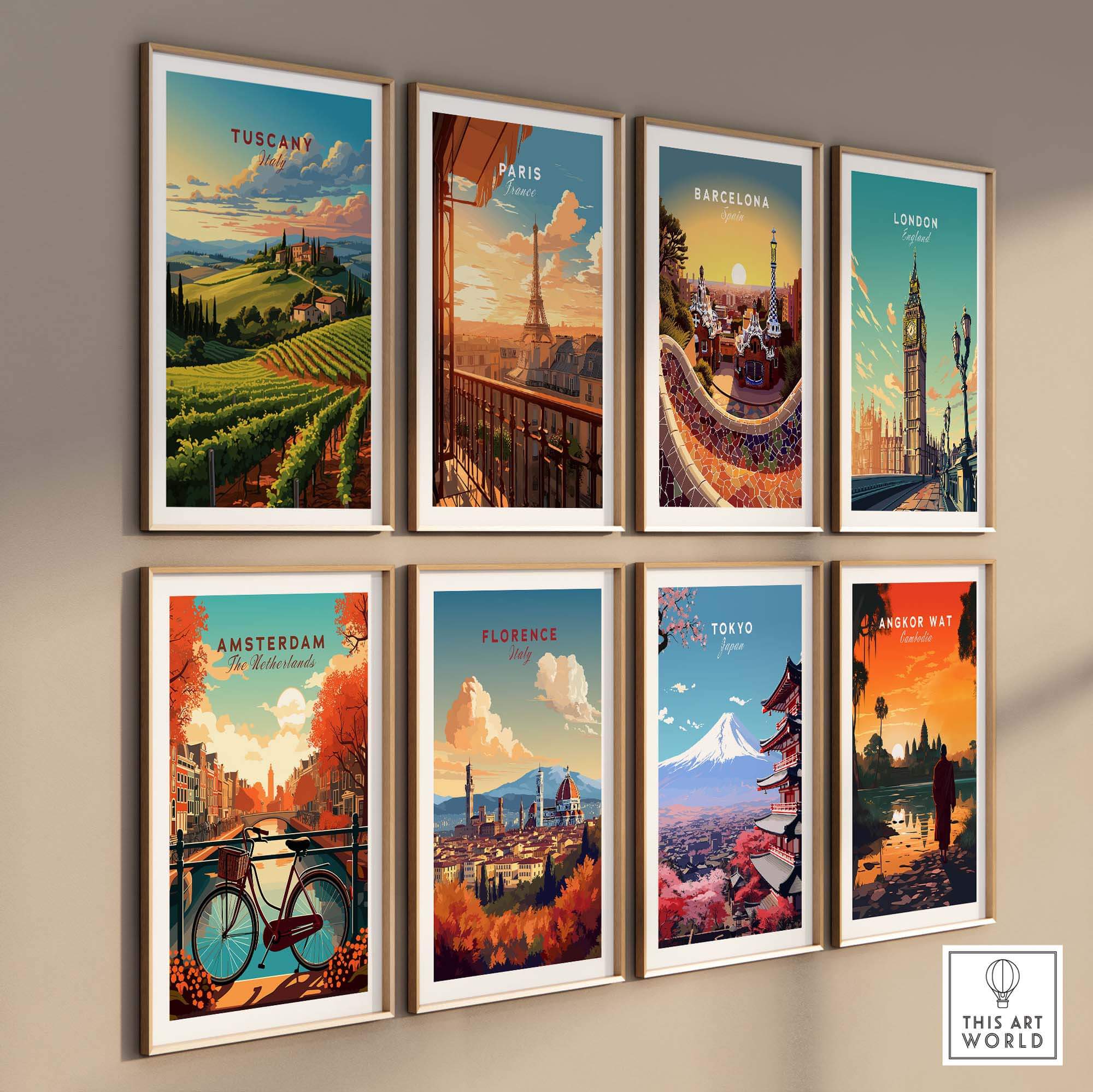 Vintage travel posters featuring Tuscany, Paris, Barcelona, London, Amsterdam, Florence, Tokyo, and Singapore.
