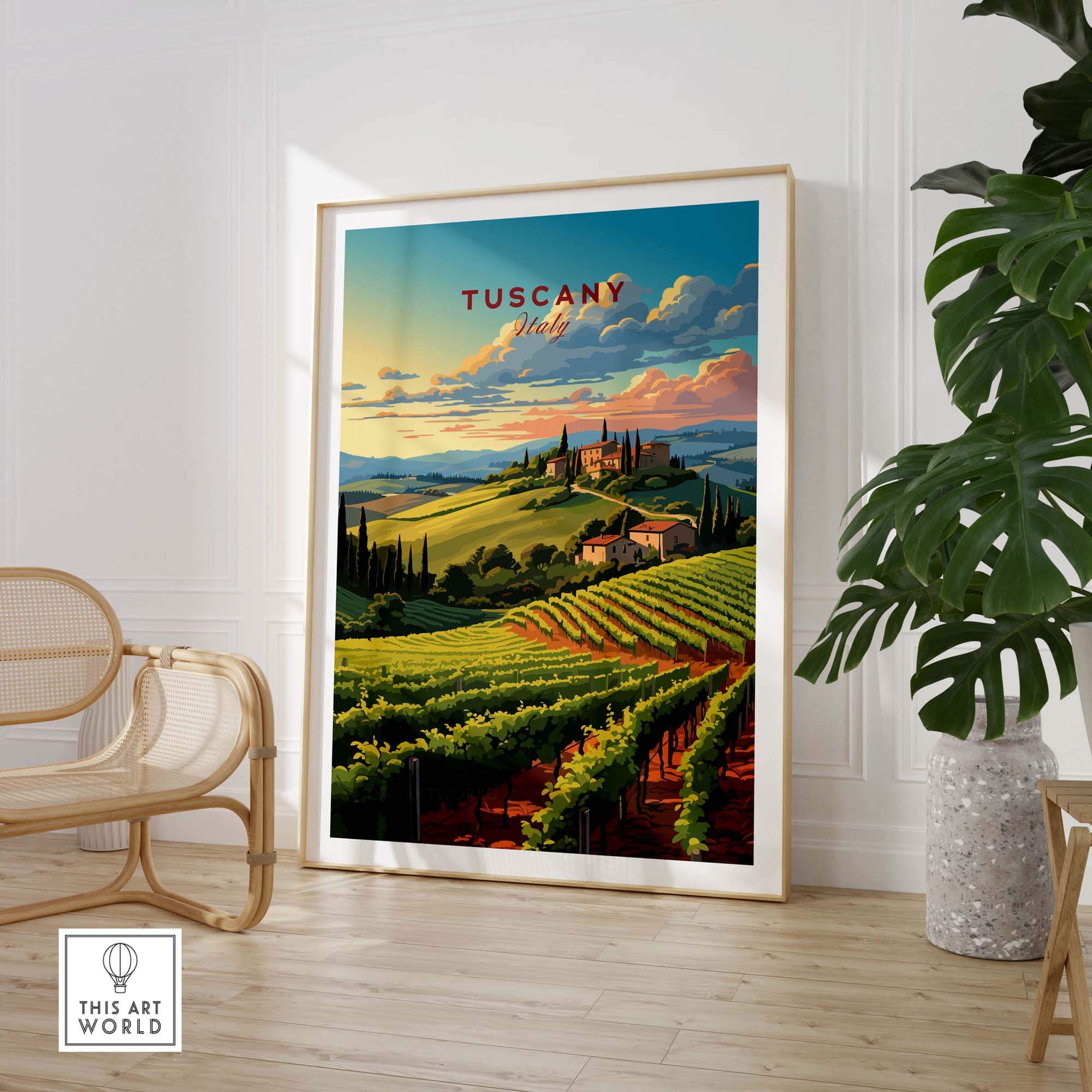 Tuscany wine print showcasing vibrant vineyards and picturesque hills of Italy, perfect for adding elegance to any room.