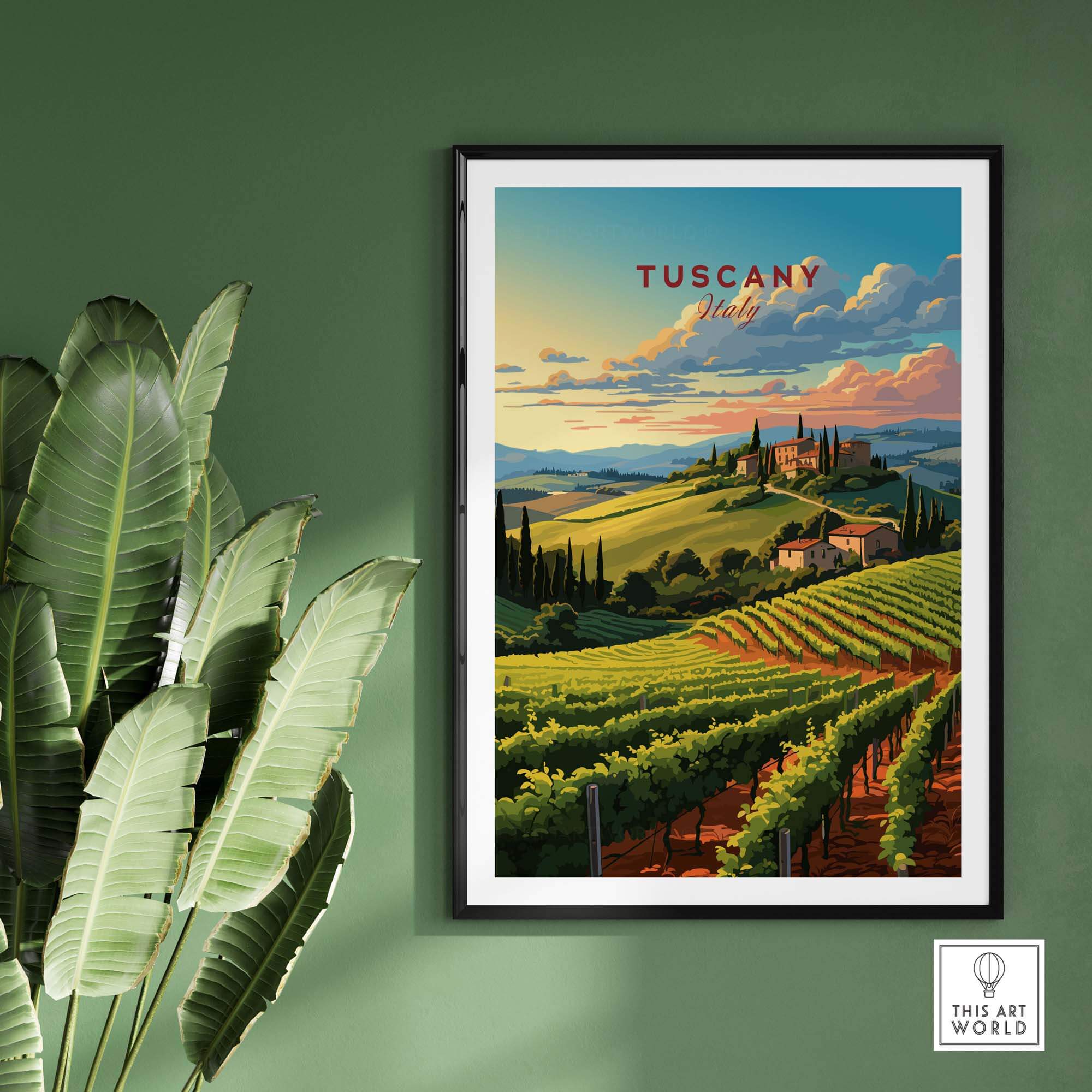 Tuscany wine print featuring lush vineyards and countryside, adding elegance to home decor. Italy travel poster illustration.