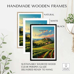 Handmade wooden frames in natural, white, and black for Tuscany wine print, made from sustainably sourced wood. Ready to hang.