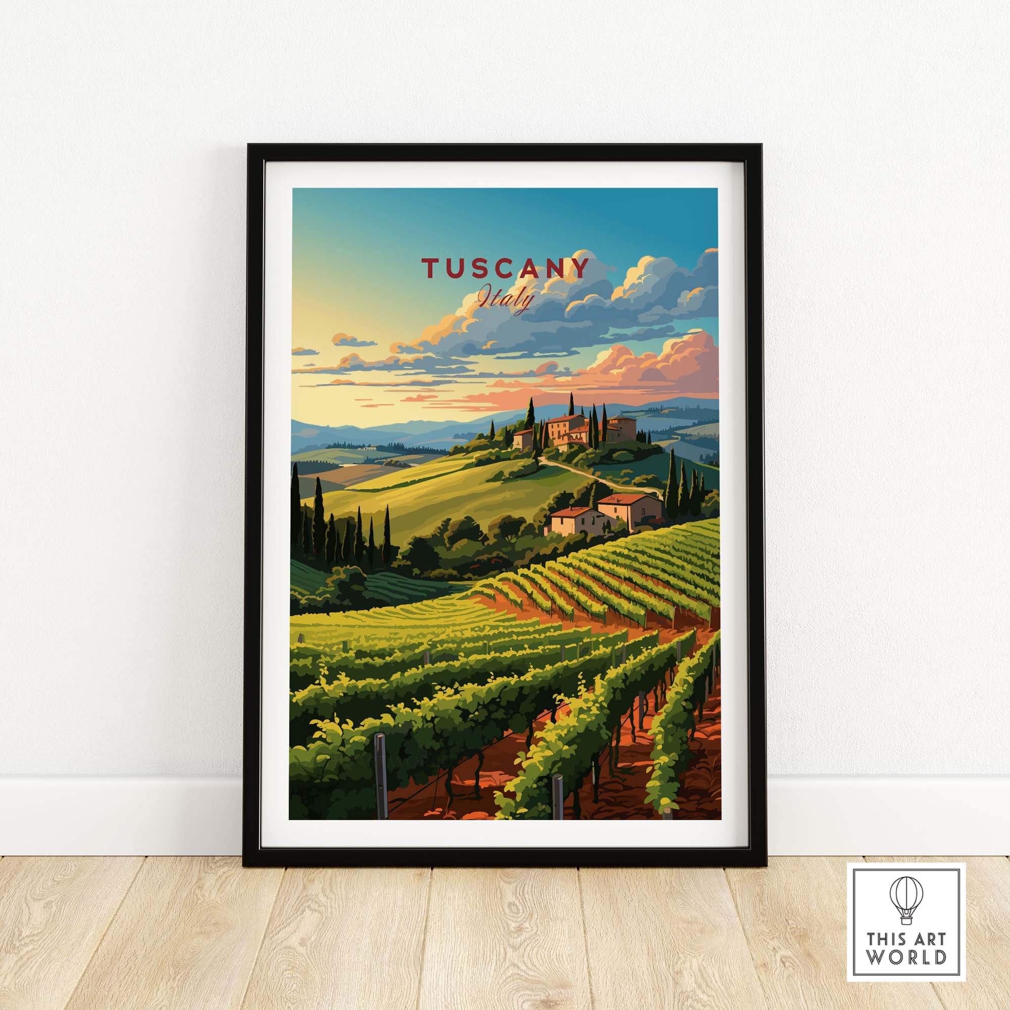 Tuscany wine print showcasing vibrant vineyards and rolling hills, adding elegance to any space. Perfect for Italy lovers.