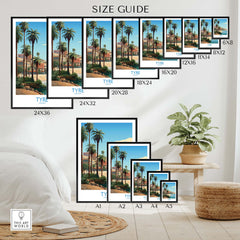 Size guide for Tyre Lebanon Wall Art Print showcasing various frame sizes with palm tree decor in a home setting.