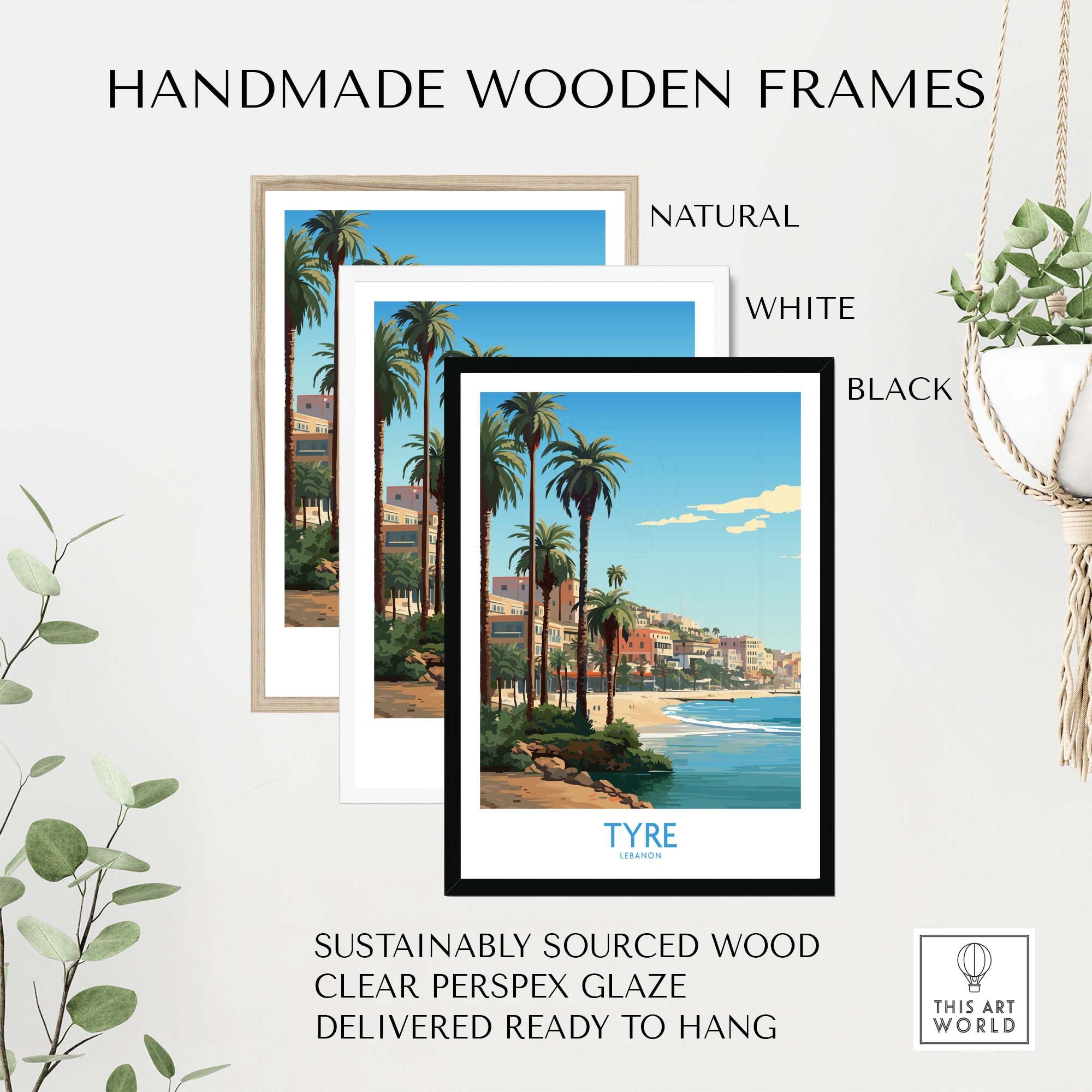 Handmade wooden frames for Tyre Lebanon Wall Art Print in natural, white, and black options, ready to hang.