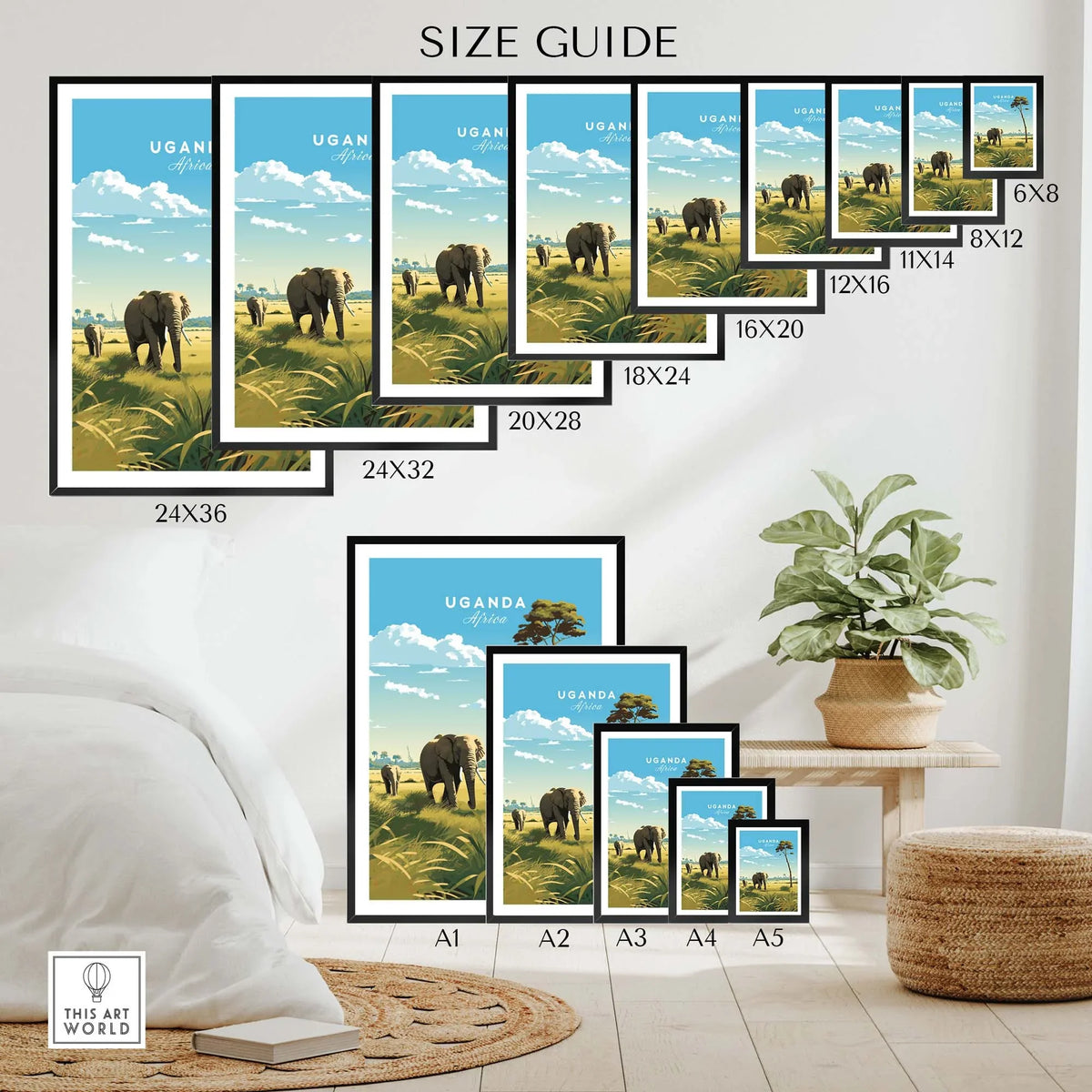 Size guide for Uganda travel poster print featuring elephants in a vibrant landscape.